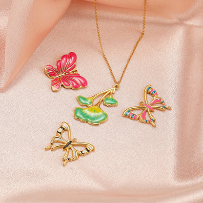 New Trendy Stainless Steel 18k Gold Plated Enamel Butterfly Leaves Flower Charm Pendants for Jewelry Necklace Making Accessories