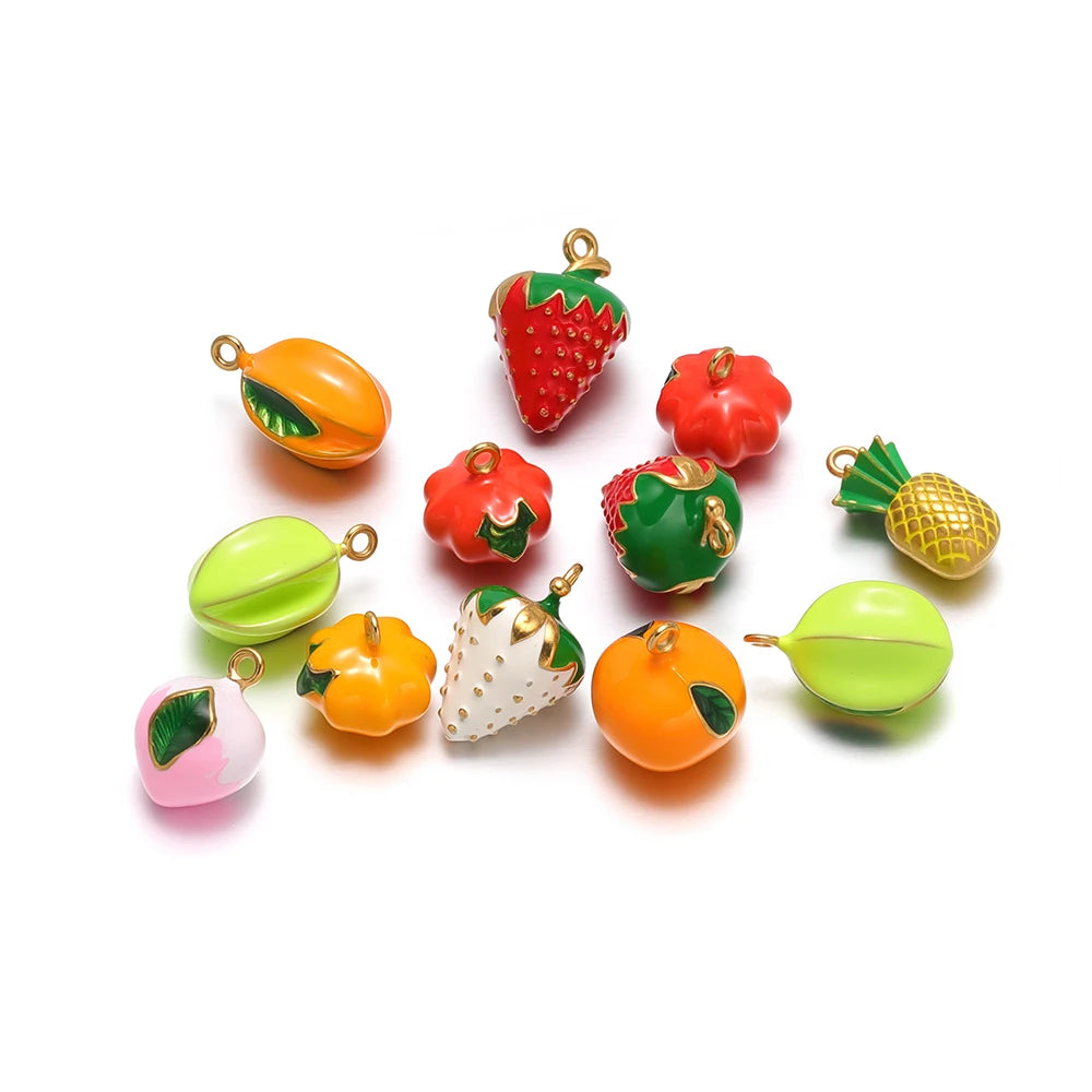 Fruit Series Charm Stainless Steel 18k Gold Plated Oil Drop Strawberries Pineapples Pumpkins Pendant for Jewelry Necklace Making