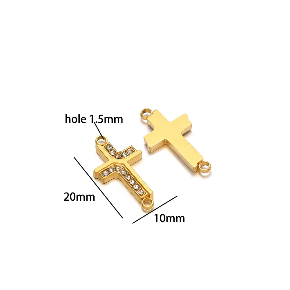 Double Heart Charm Stainless Steel Gold Plated Zircon Heart Cross Charm Pendant for DIY Jewelry Making Accessories Findings