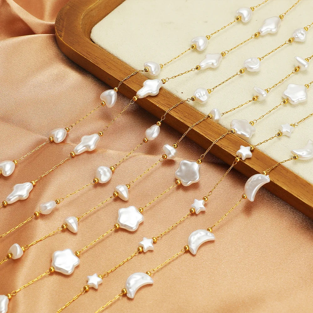 E561 Non-Tarnish 18K PVD Gold Stainless Steel Chains Fashion Artificial Pearl Star Moon Component Jewelry Findings Components