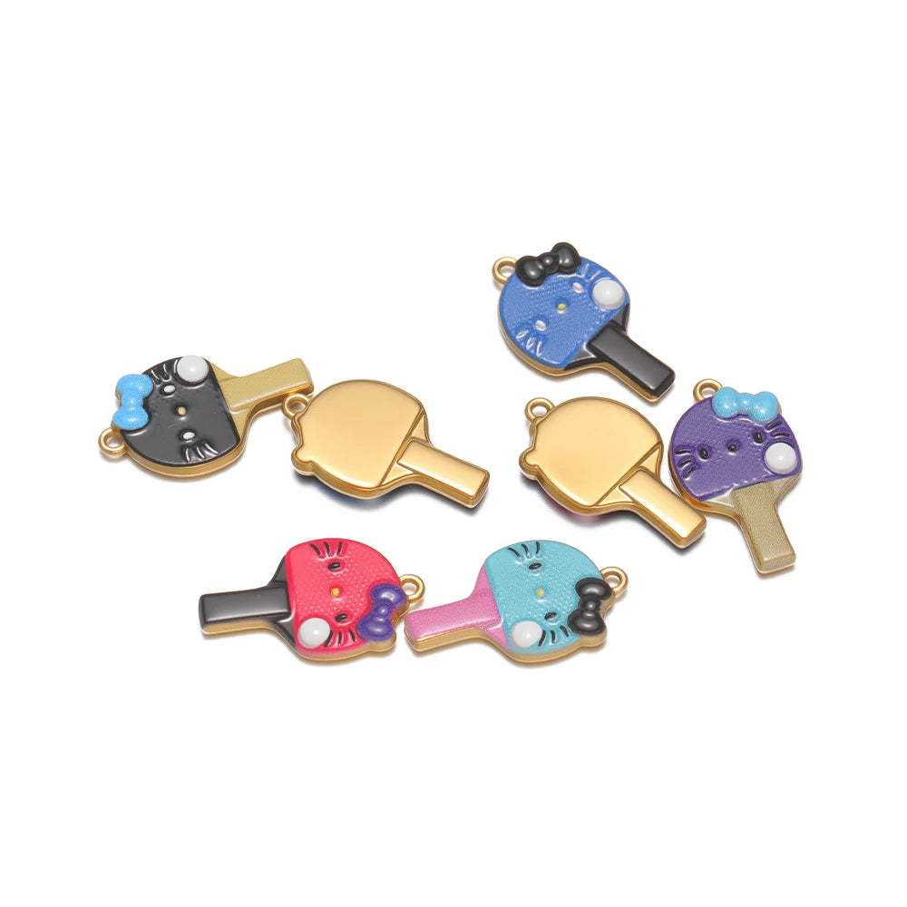 Personalized 18k Gold Plated Stainless Steel Cute Cat Racket Charm Pendant for DIY Necklace Jewelry Making Accessories