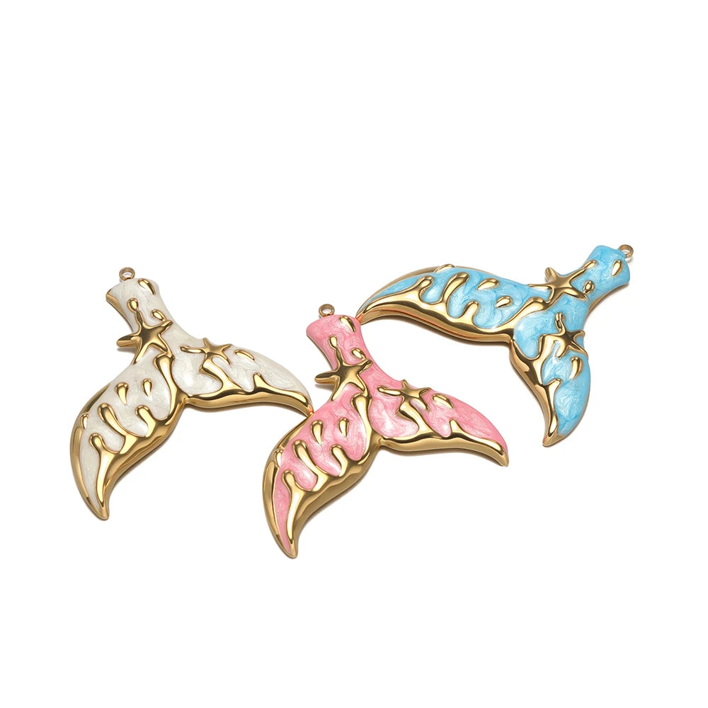 Fashion Whale Charm 18k Gold Plated Stainless Steel Enamel Mermaid Tail Zircon Pendant for DIY Necklace Jewelry Making