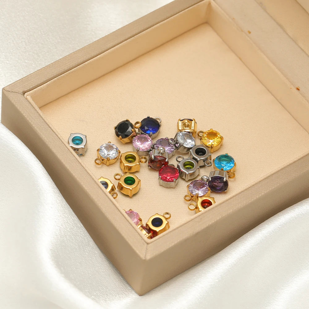 5pcs/bag Stainless Steel 18k Gold Plated 8*6mm Round Zircon Charm Pendant for Diy Necklace Jewelry Making Accessories