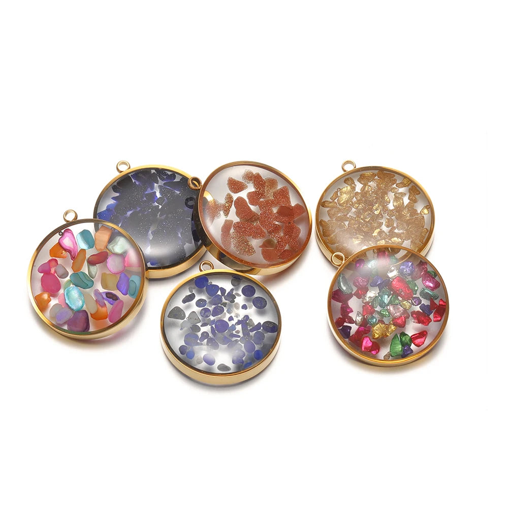 Stainless Steel 18k Gold Plated Oil Drop Round Transparent Mirror Painting Crystal Charm Pendant for Jewelry Necklace Making