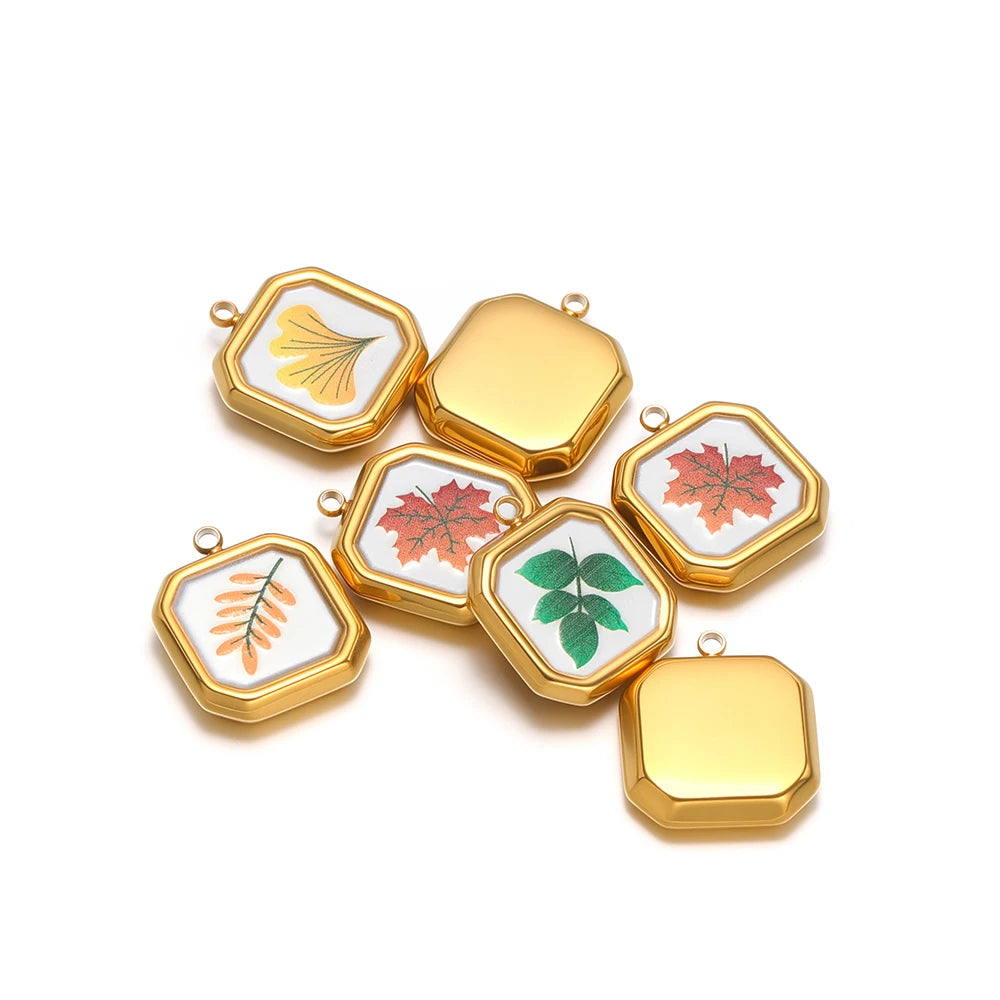 Fashion 18k Gold Plated Stainless Steel square Enamel Four Leaf Clover Charm Pendant for DIY Necklace Jewelry Making Accessories