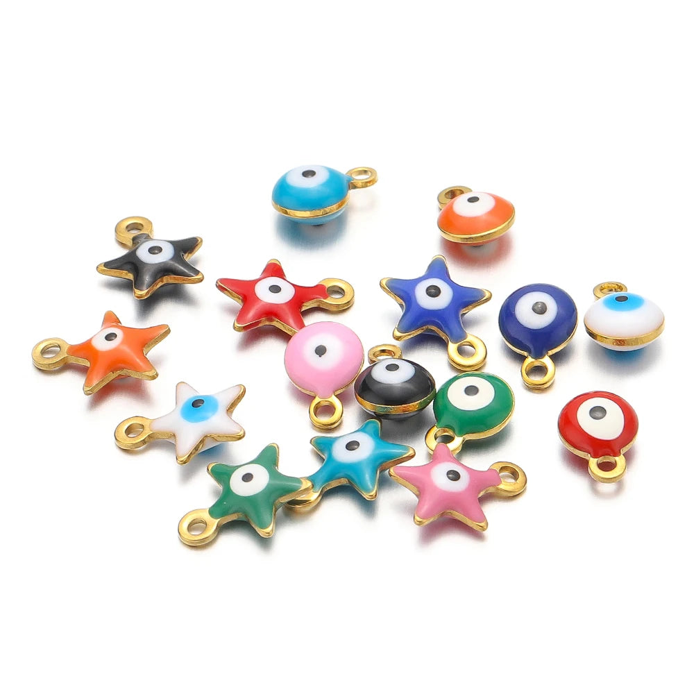 20pcs/bag  Stainless Steel 18K Gold Plated Colorful Enamel Round Star Charms Pendant for Jewelry Findings & Components