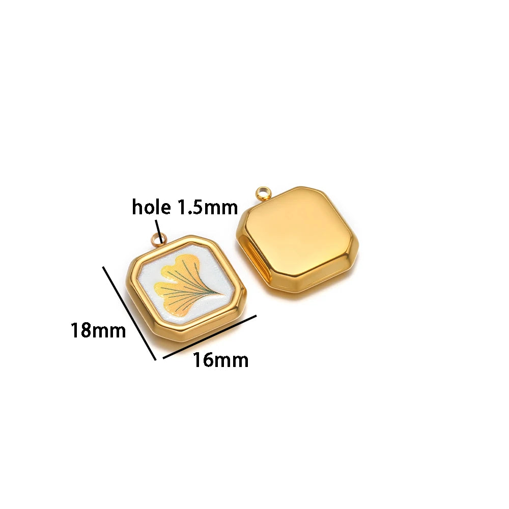 Fashion 18k Gold Plated Stainless Steel square Enamel Four Leaf Clover Charm Pendant for DIY Necklace Jewelry Making Accessories