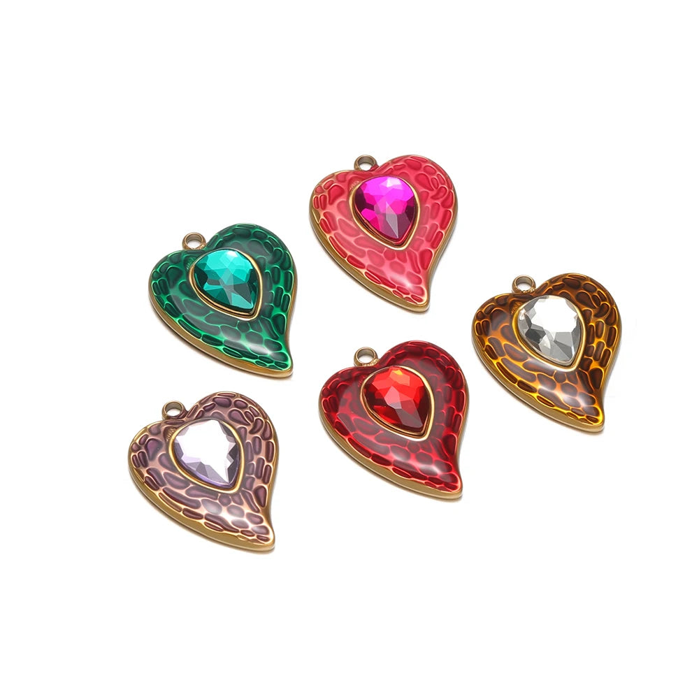 New Fashion Stainless Steel 18k Gold Plated Enamel Heart Zircon Charm Pendant for Diy Jewelry Making Wholesale