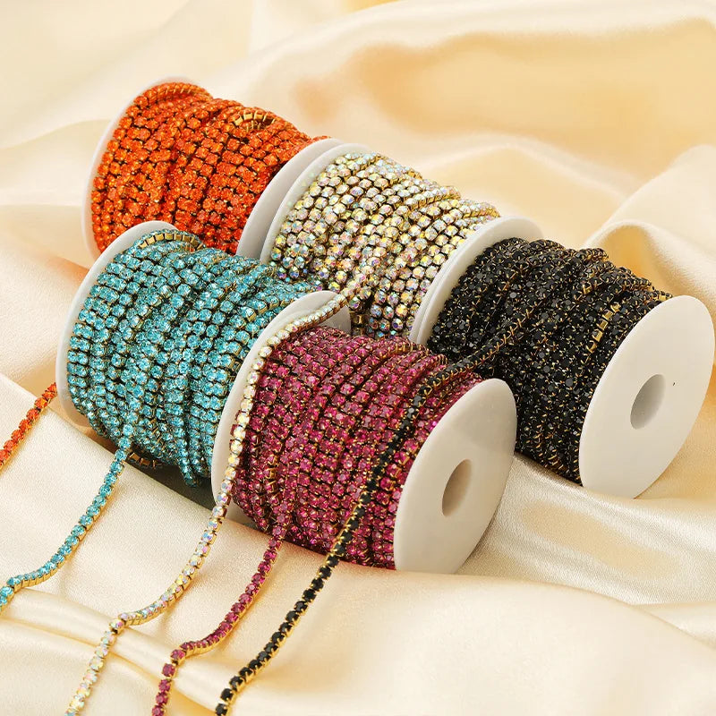 E369 2MM Colorful Rhinestones Chain Colored Bottom and Stones Glass Rhinestones Trimming Crystal Cup Stainless Steel Chain