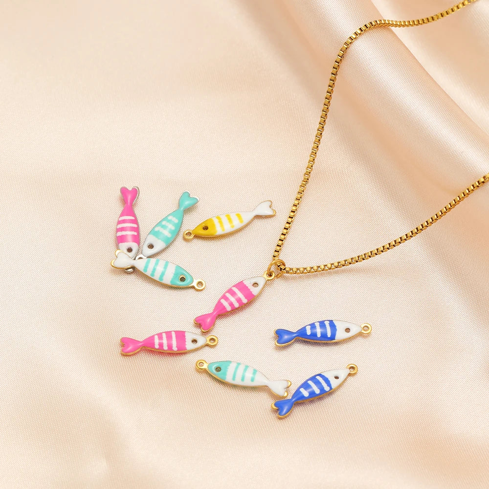 DIY Jewelry Findings 18k Gold Plated Stainless Steel Mixed Color Enamel Fish Charm Pendant for DIY Jewelry Making