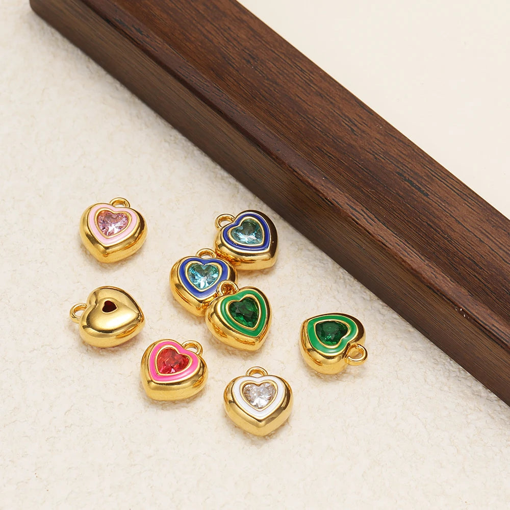 New Design Luxury Stainless Steel 18k Gold Plated Enamel Sweet Heart Zircon Charms Pendant for Diy Jewelry Necklace Making