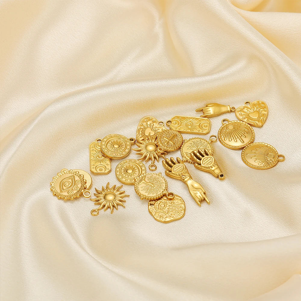 Vintage Fashion Stainless Steel Gold Plated Moon Hand Round Cross Sun  Eye Charm Pendant for Jewelry Necklace Earring Making