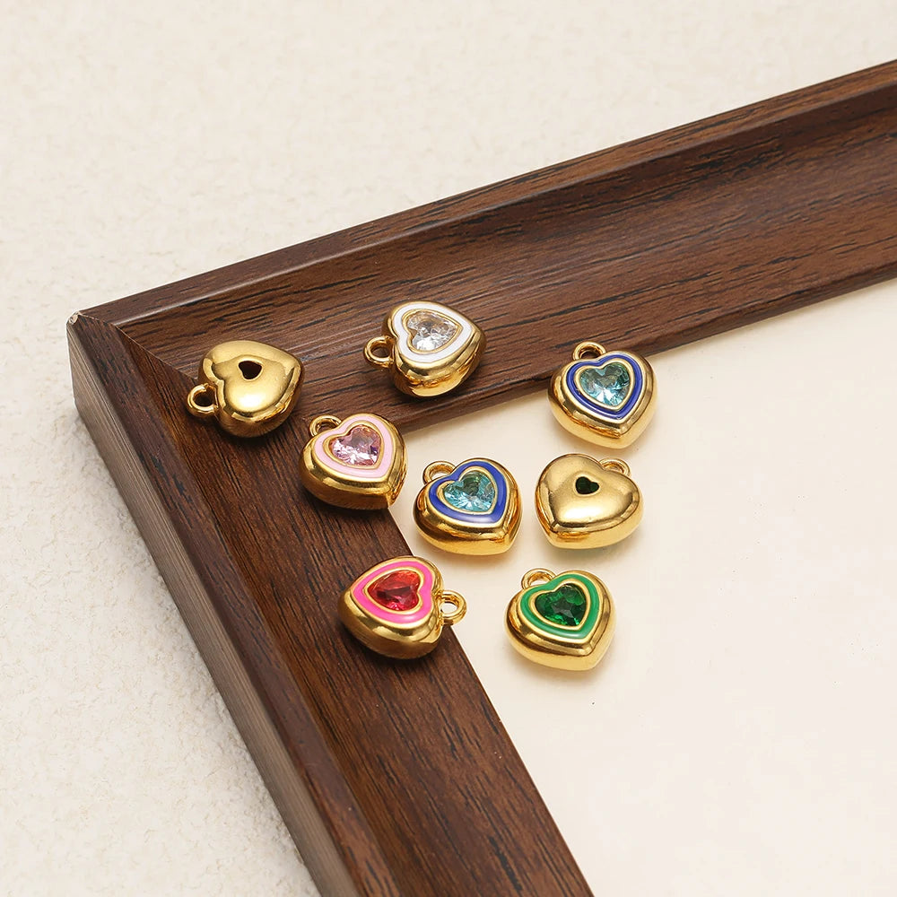 New Design Luxury Stainless Steel 18k Gold Plated Enamel Sweet Heart Zircon Charms Pendant for Diy Jewelry Necklace Making