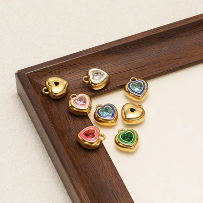 New Design Luxury Stainless Steel 18k Gold Plated Enamel Sweet Heart Zircon Charms Pendant for Diy Jewelry Necklace Making