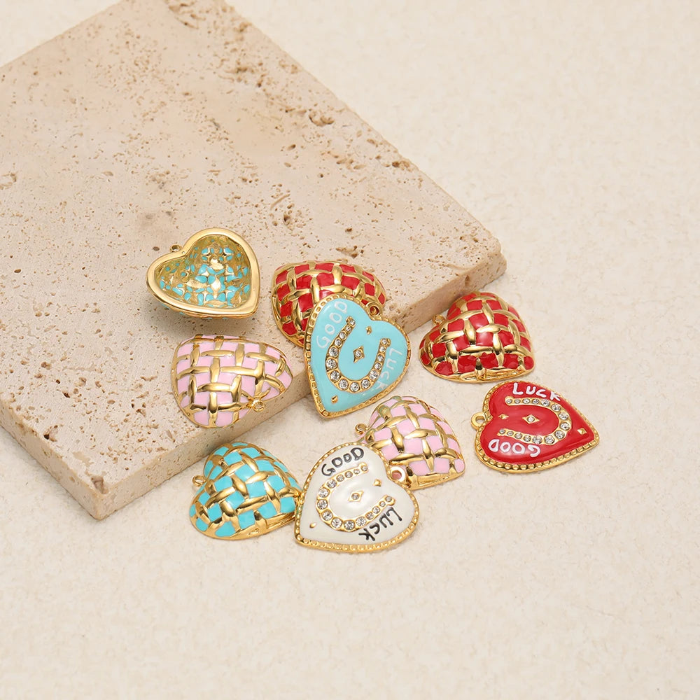 Colorful Enamel Heart Charms with Golden Weave Pattern, Good Luck Lucky Heart Pendant with Rhinestone for DIY Jewelry Making