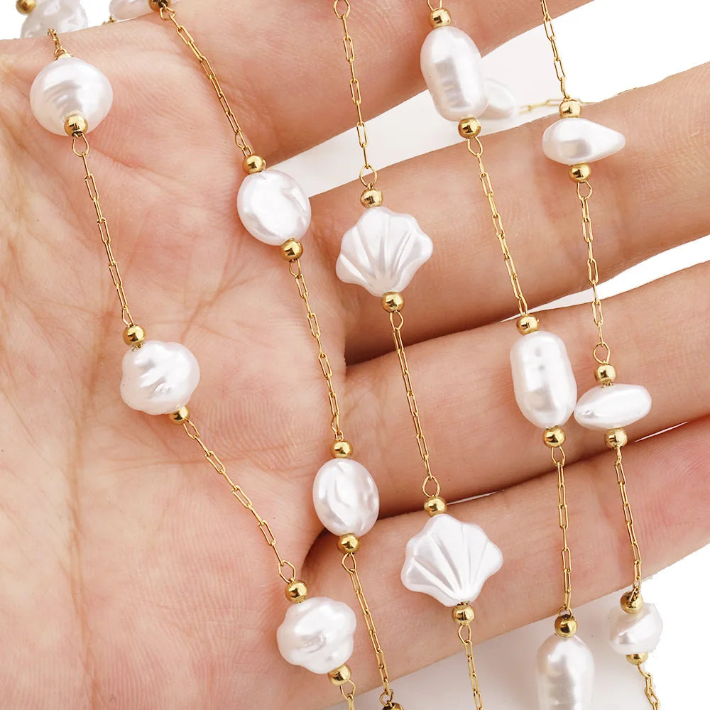 E150 Fashion Pearl Bead Chain 18kgold Plated Link Chain Waterproof Stainless Steel Roller Chains for Jewelry Custom