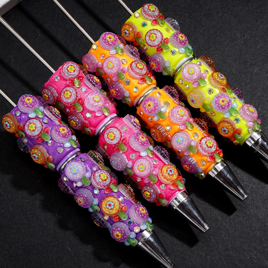 Creative Sparkling Flower Lollipop-Shaped Fluorescent Clay Pen with Rhinestones