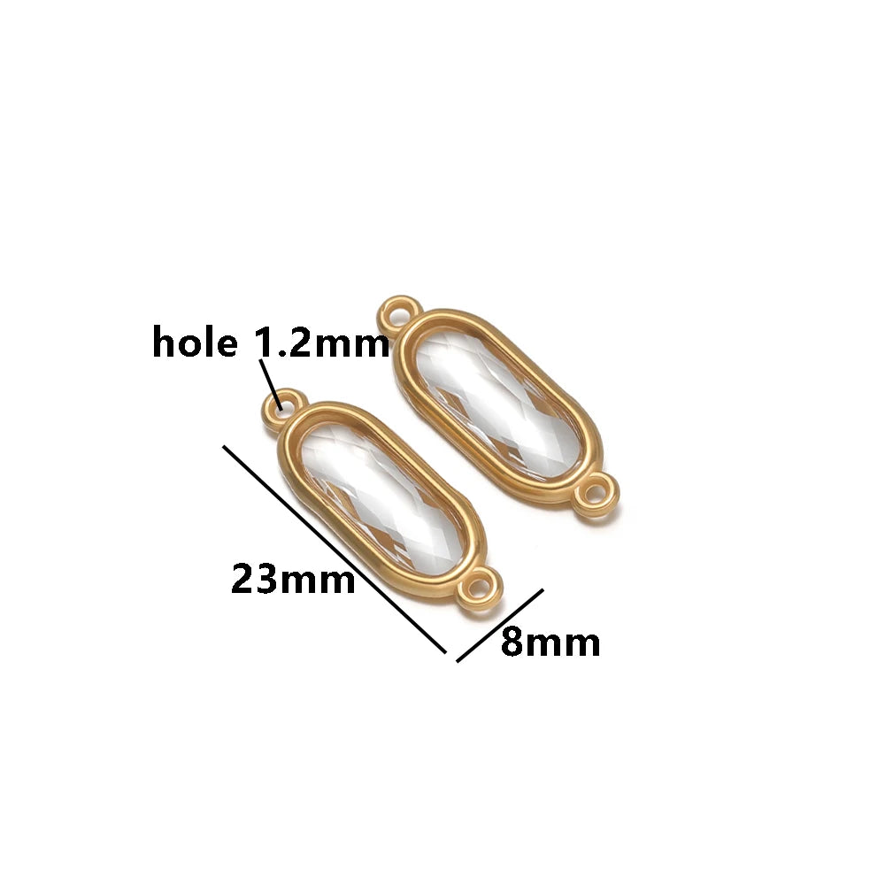 New Trend Fashion 18k Gold Plated Stainless Steel Two Hole Geometric Oval Zircon Charm Pendant for DIY Necklace Jewelry Making