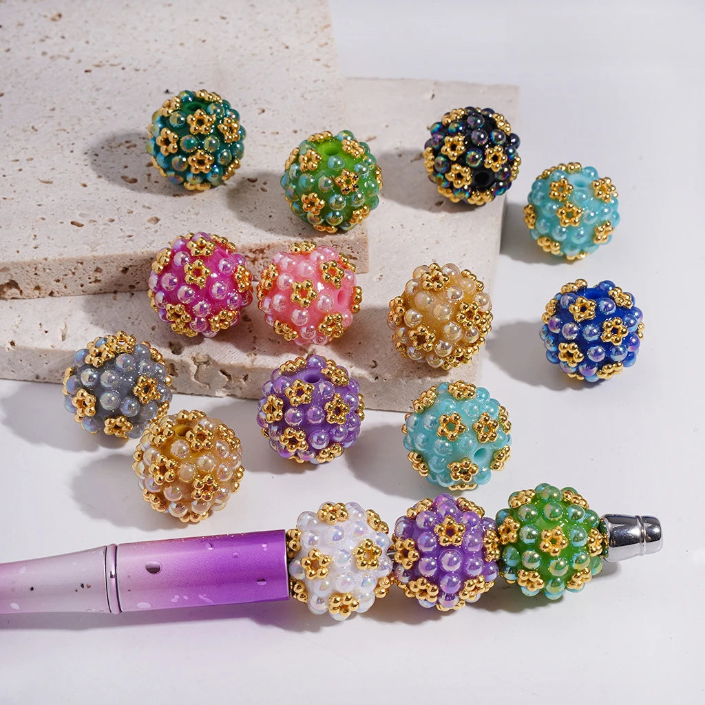 Plastic Coated Beads with Gold Alloy Flower Balls and Half Shell Pearls for DIY Round Beaded Pen Jewelry