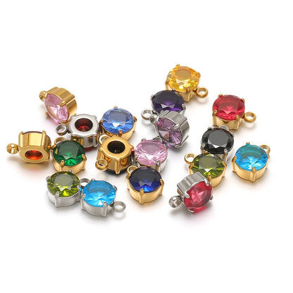 5pcs/bag Stainless Steel 18k Gold Plated 8*6mm Round Zircon Charm Pendant for Diy Necklace Jewelry Making Accessories