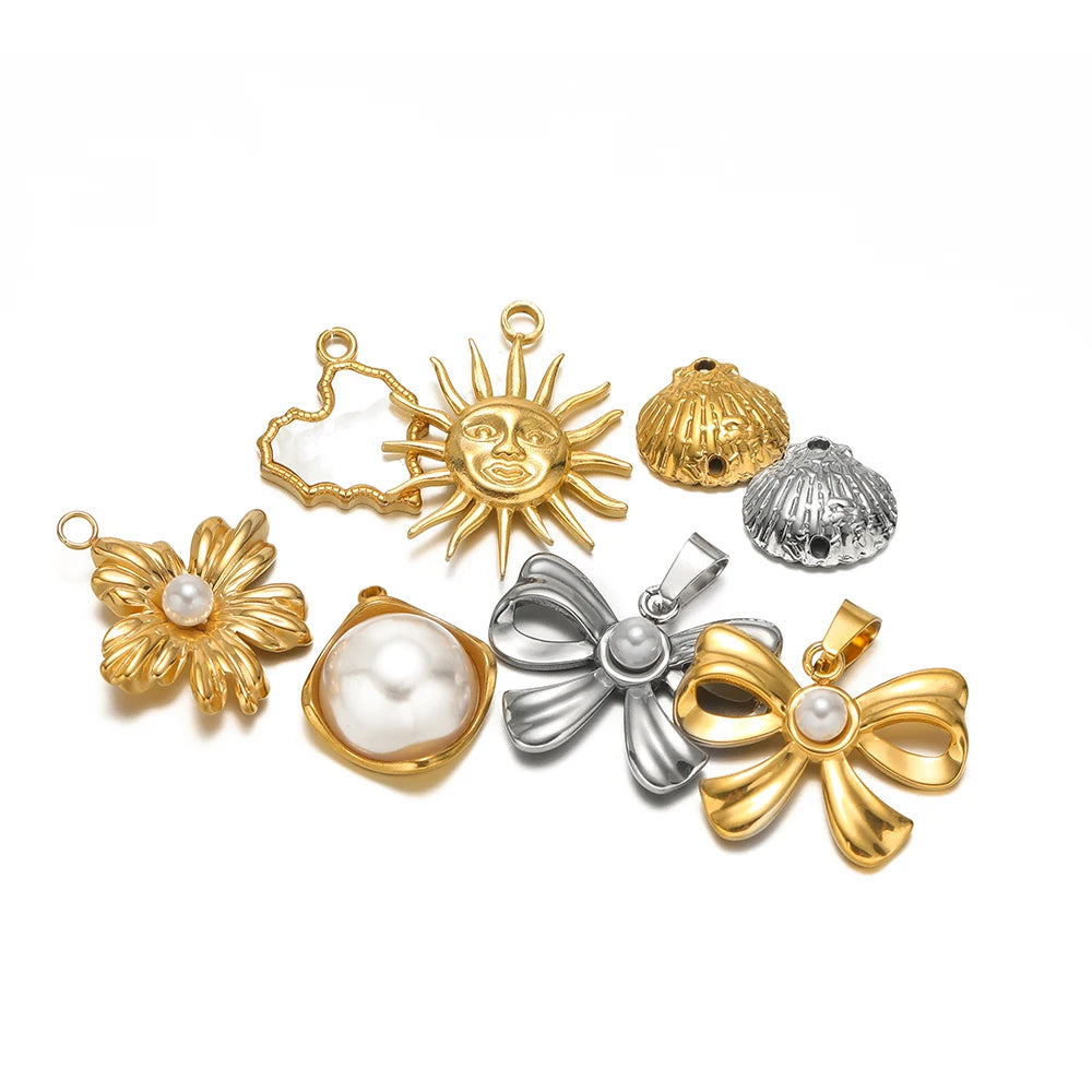 New Trend Stainless Steel Gold Plated Enamel Shell Heart Flower Bowknot Charm Pendant for Jewelry Making Wholesale