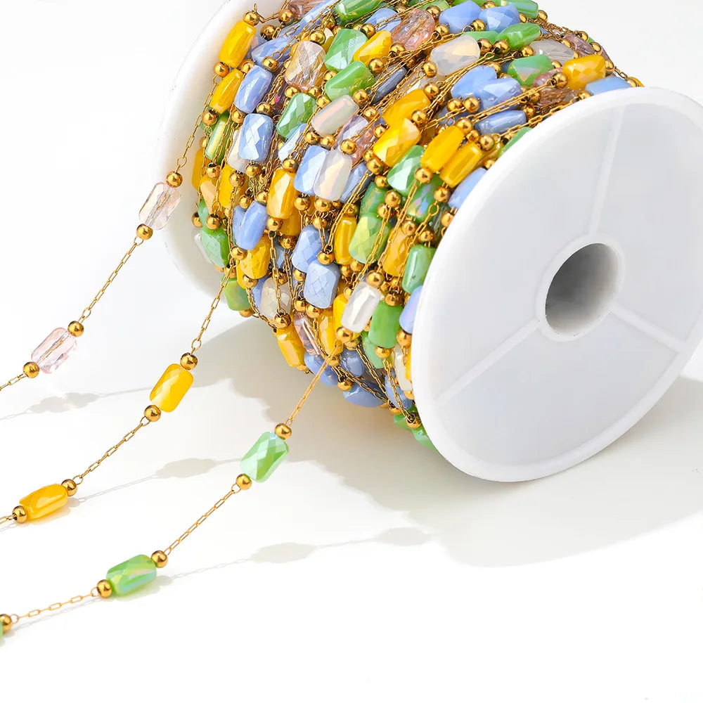 A2760 Hot Ins rainbow Beads Beaded Chain Gold Stainless Steel Crystal Pearl Beads Necklace Bracelet Making Chain Findings