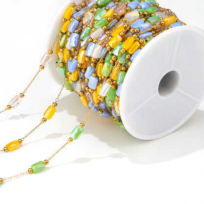 A2760 Hot Ins rainbow Beads Beaded Chain Gold Stainless Steel Crystal Pearl Beads Necklace Bracelet Making Chain Findings