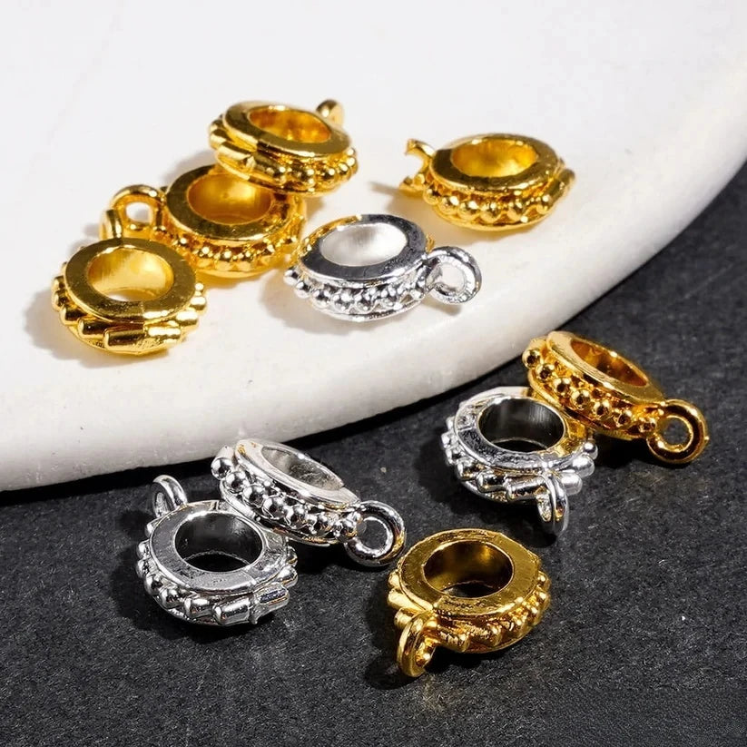 Flower Edged Hollow Round Alloy Bail Loop Beads Gold and Silver for Hanging Charms or Pendants Jewelry Making Accessories Bulk