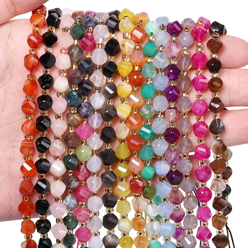 Faceted Helix Twisted 6mm 8mm 10mm Jade Agate Gemstone Beads, Cut Stone Obsidian Rose Quartz Bead for DIY Jewelry Making 18CM