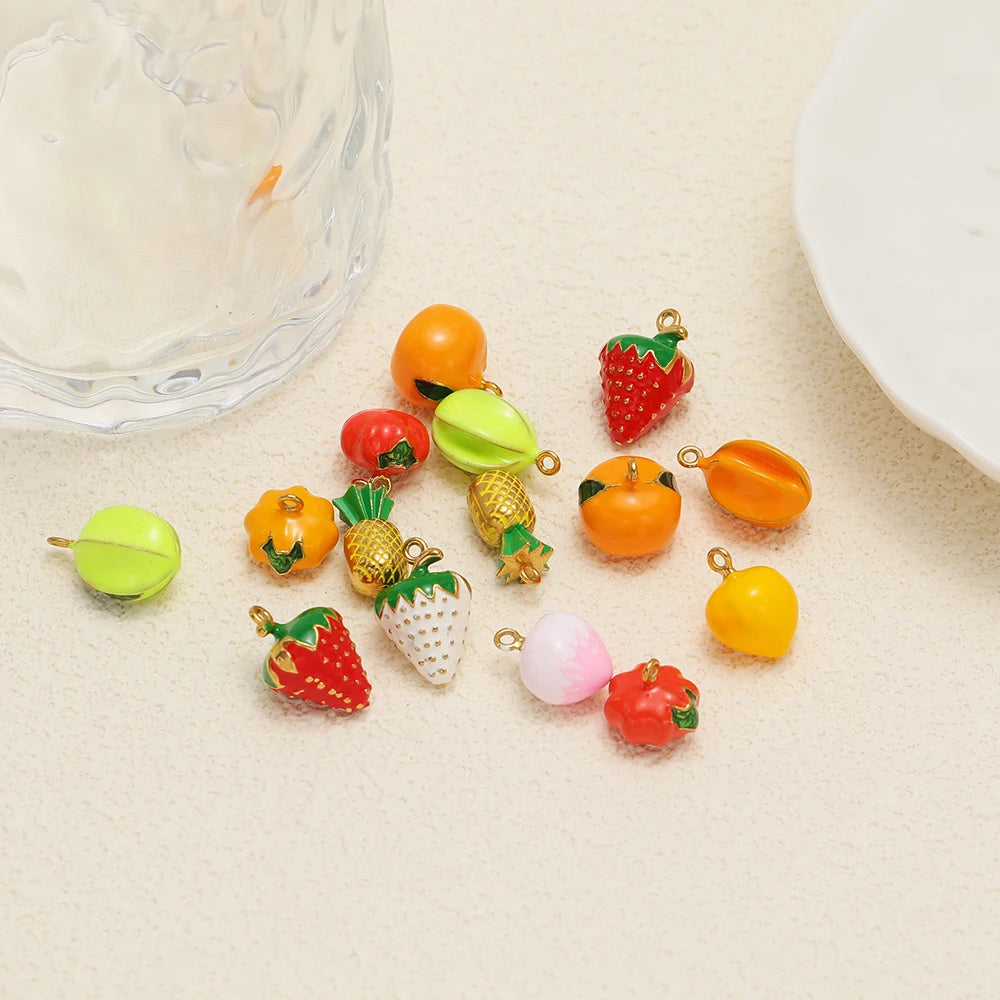 Fruit Series Charm Stainless Steel 18k Gold Plated Oil Drop Strawberries Pineapples Pumpkins Pendant for Jewelry Necklace Making
