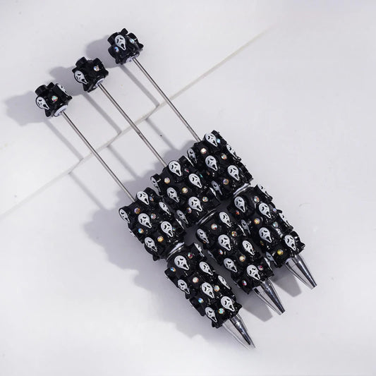 Halloween Ghost Beadable Pen, DIY Soft Clay Beaded Ballpoint Pen Rhinestone Metal Rod for Holiday Gift Craft Making