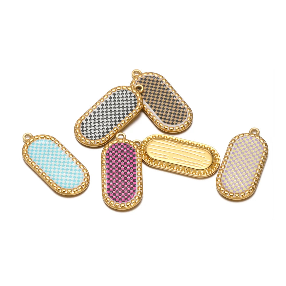 Wholesale Stainless Steel 18k Gold Plated Enamel Oval Gridding Charms Pendant for Diy Jewelry Necklace Making