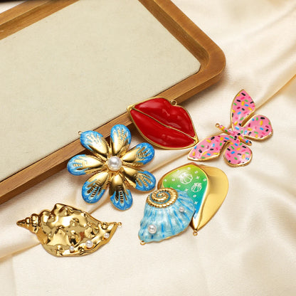 Stainless Steel 18k Gold Plated Enamel Heart butterfly Flower Conch Lip Charm Pendant for Jewelry Necklace Making