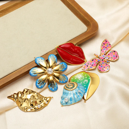 Stainless Steel 18k Gold Plated Enamel Heart butterfly Flower Conch Lip Charm Pendant for Jewelry Necklace Making