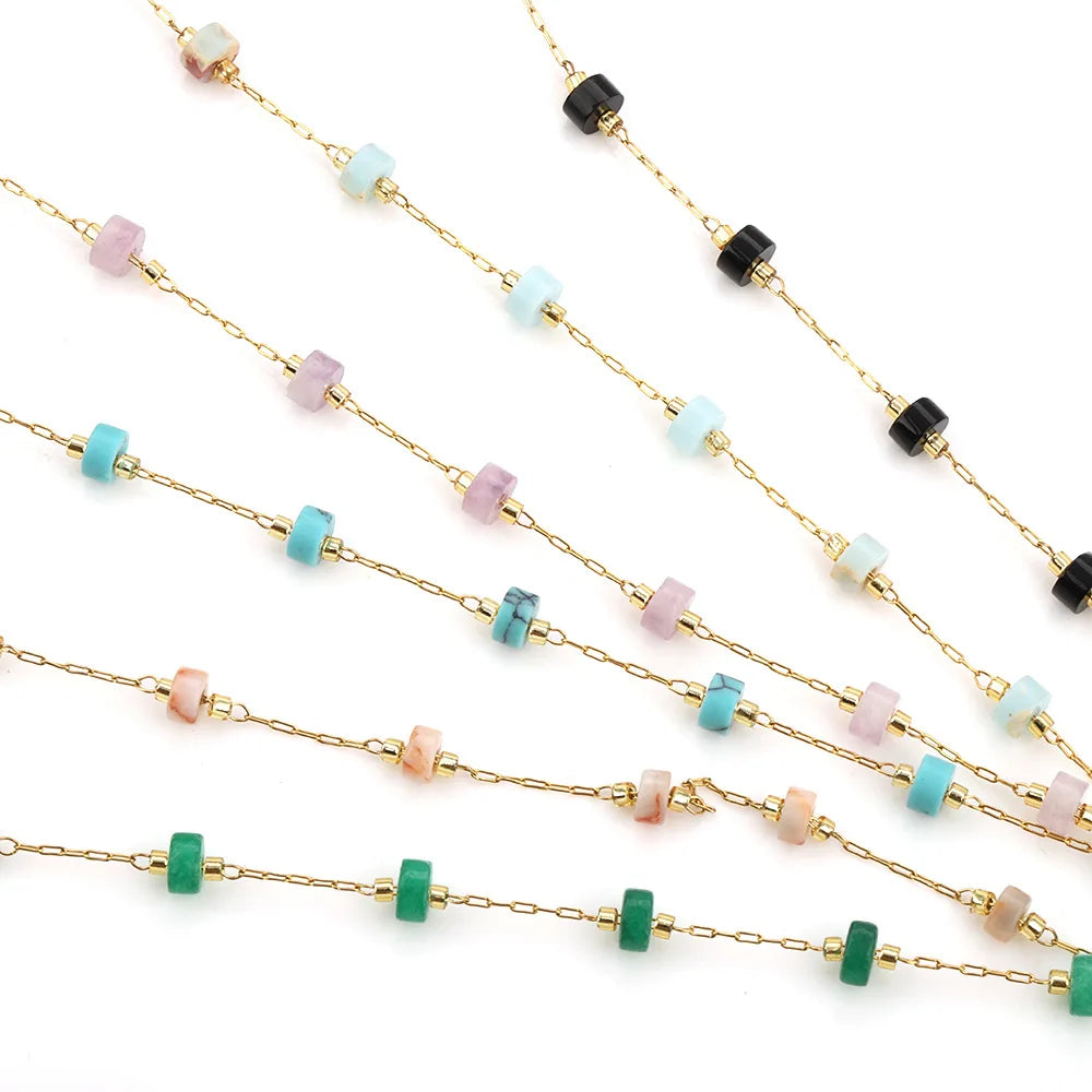 A2757 Fashion Colorful Natural Stone Beads Chain Beaded Rosary Stainless Steel Chain for Necklace Bracelet Making Diy