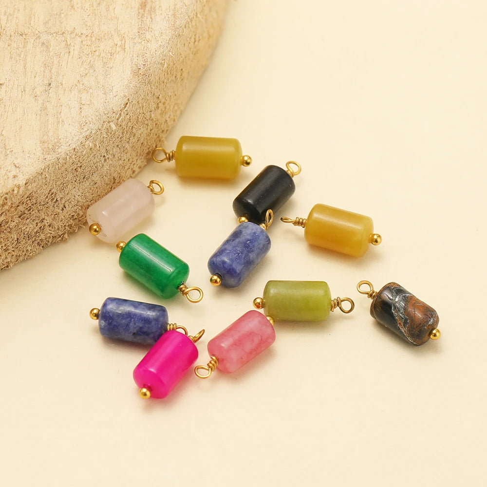 Fashion Jewelry Stainless Steel 18K Gold Plated Cylinder Color Natural Stone Charm Pendant for Jewelry Necklace Making Wholesale