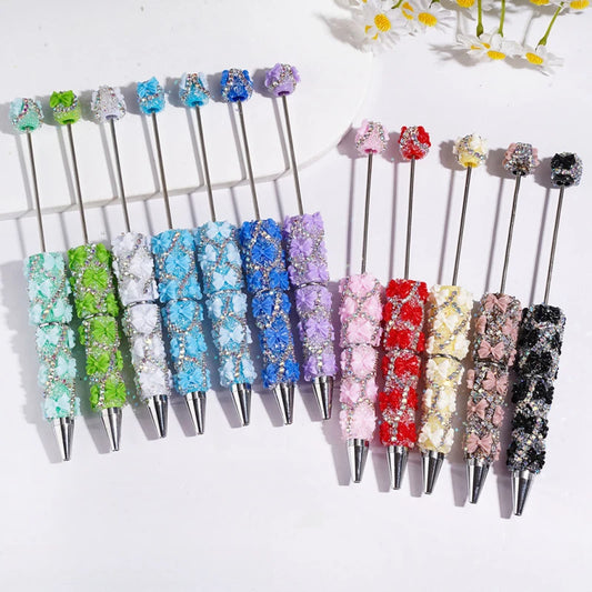Bulk Fancy Beadable Ballpoint Pen Bow X Rhinestone Chain Sugar Glitter Bead Pen for DIY Stationery Party Favor Office Gift