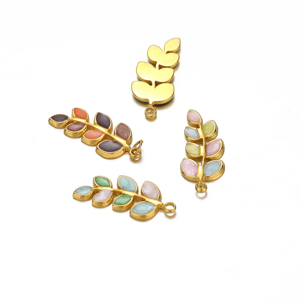 New Products 18k Gold Plated Stainless Steel Drip Oil Leaf Branch Charms Pendant for Women Jewelry Necklace Earrings Making