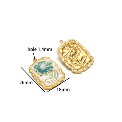 Exquisite Oil Drop Painted Flower Charm 18k Gold Plated Stainless Steel Enamel Round Square Pendant for Necklace Jewelry Making
