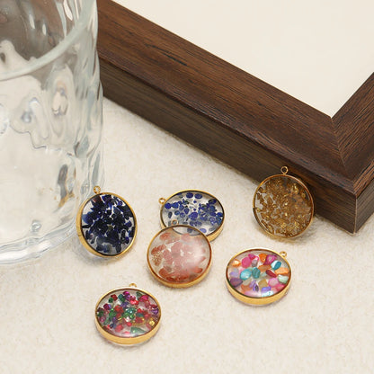 Stainless Steel 18k Gold Plated Oil Drop Round Transparent Mirror Painting Crystal Charm Pendant for Jewelry Necklace Making