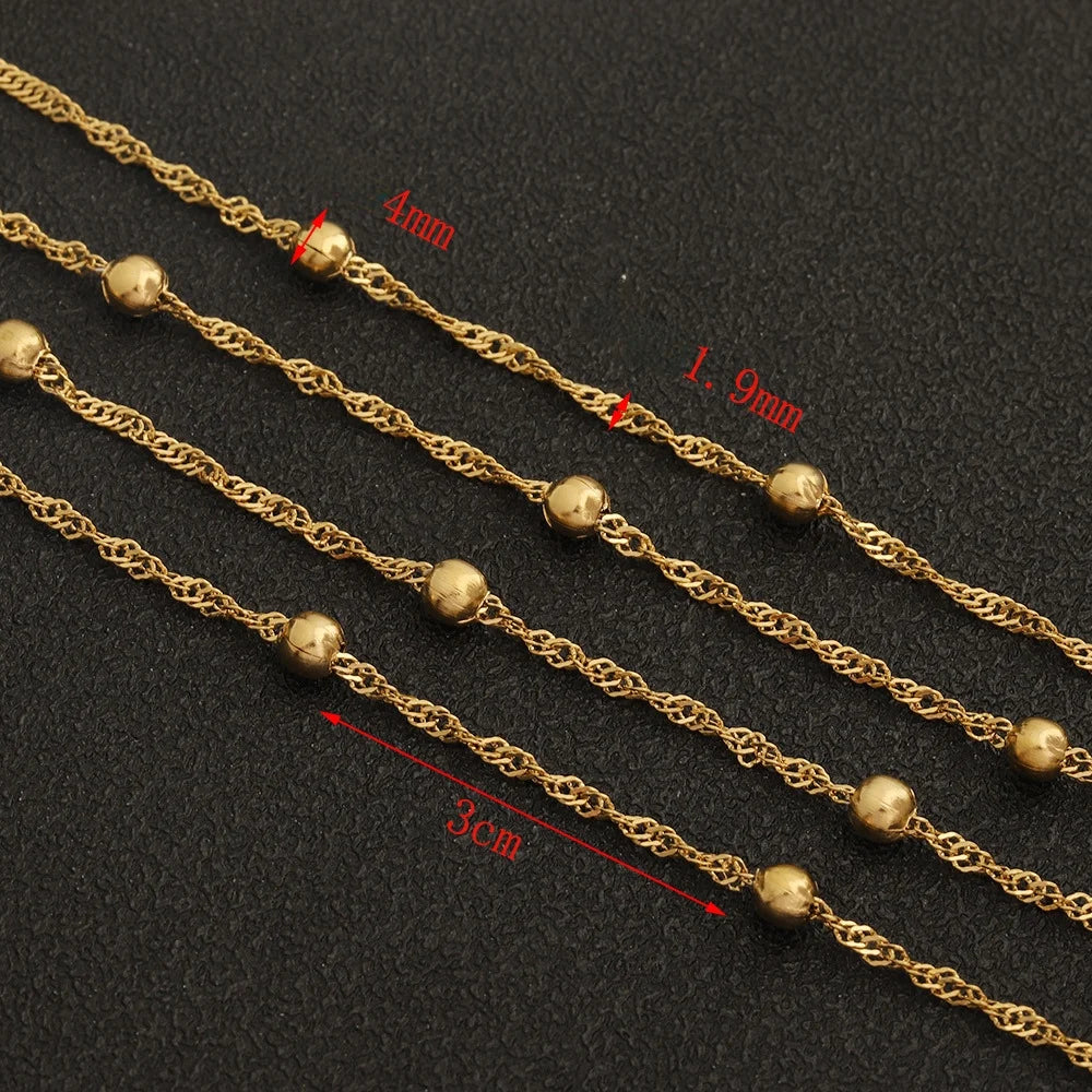 D990 Non Tarnish 18K Gold Plated Stainless Steel 4mm Round Ball Bead Water Wave Chain for Necklace Jewelry Making Permanent