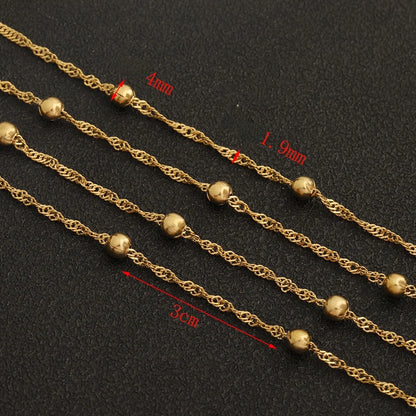 D990 Non Tarnish 18K Gold Plated Stainless Steel 4mm Round Ball Bead Water Wave Chain for Necklace Jewelry Making Permanent