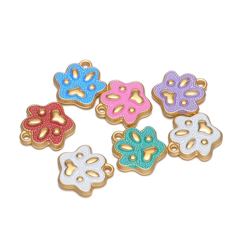 Cute  Pendant 18k Gold Plated Stainless Steel Enamel Paw Print Charm Pendant for DIY Necklace Jewelry Making