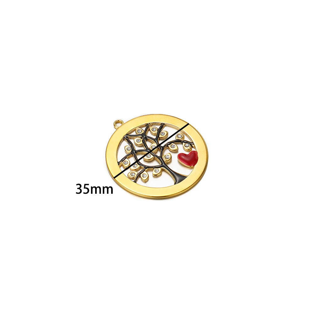 Vintage Stainless Steel18k Gold Plated Hollow Round Charm Shiny Zircon Tree of Life  Charms Pendant for DIY Jewelry Making