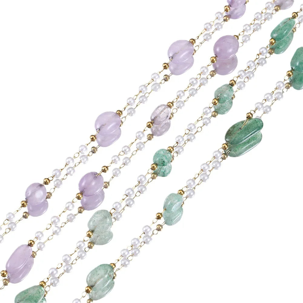 A1864 Good Quality Natural Chip Beads Chain Amethyst Crystal Beads Stainless Steel Chain with Pearl Beaded Diy Jewelry