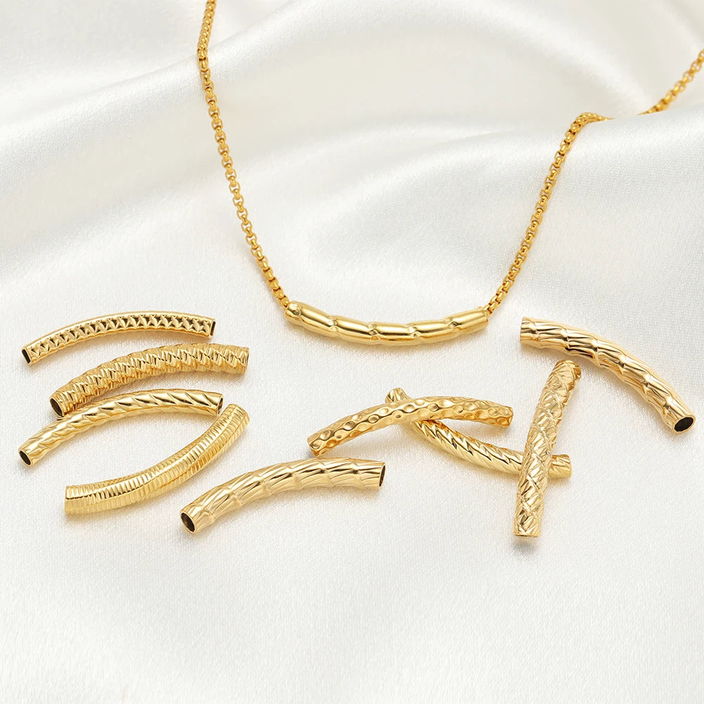 Gold Plated Stainless Steel Multi Patterns Embossed Curved Tube Bend Charm Pendant for DIY Jewelry Making Accessories