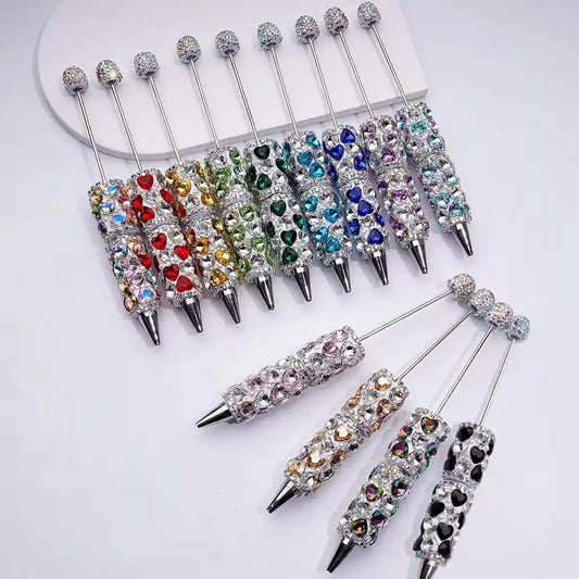 Shiny Heart & Pearl Beadable Clay Pens with Crystal Rhinestones & Chains, Personalized DIY Craft & Student Welcome Gift