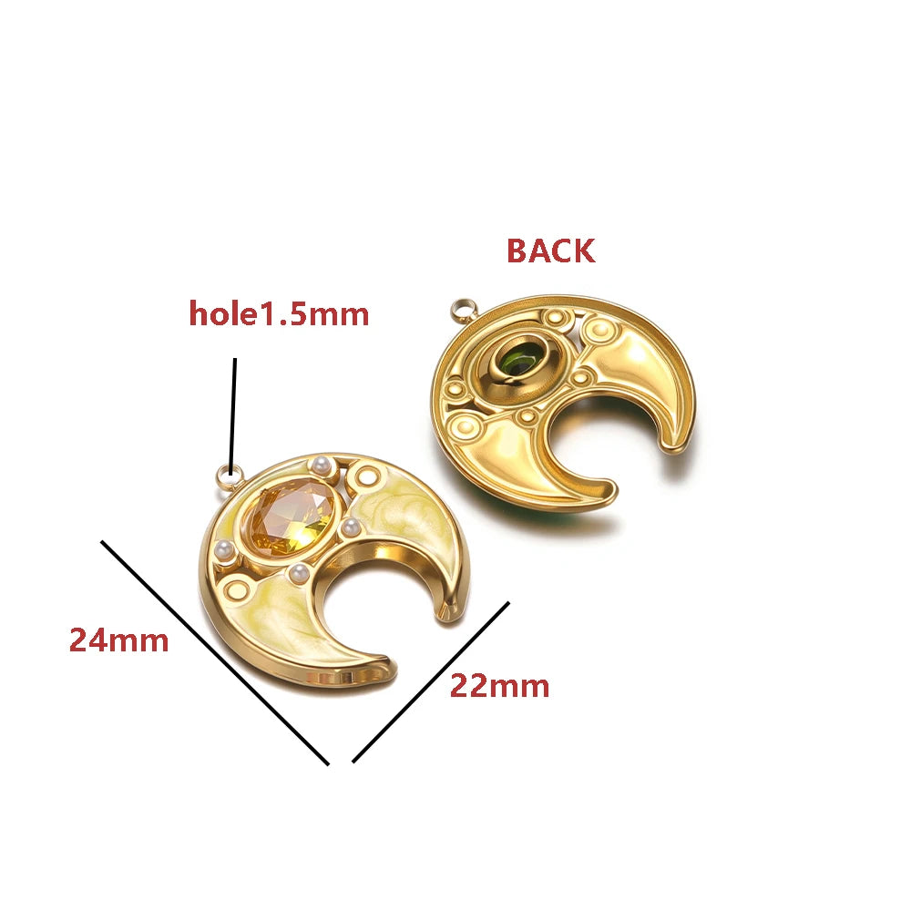 18K Gold Plated 24*22mm Wide Hollow Moon Single-Sided Oil Dripping Point Color Diamond Pearl 1.5mm Single-Hole Light Green