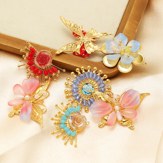 Handmade 18k Gold Plated Stainless Steel Crystal Geometric Flower Sun Charm Colorful Butterfly Pendant for Jewelry Making