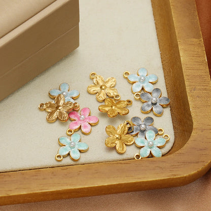 Enamel Flower Charms 18k Gold Plated Stainless Steel Double Hole Flower Pearl Charm Pendant for DIY Jewelry Making Accessories